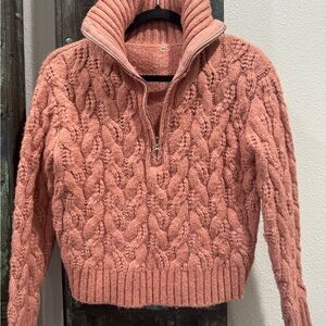 Cable Knit Zip-Up Sweater - Coral